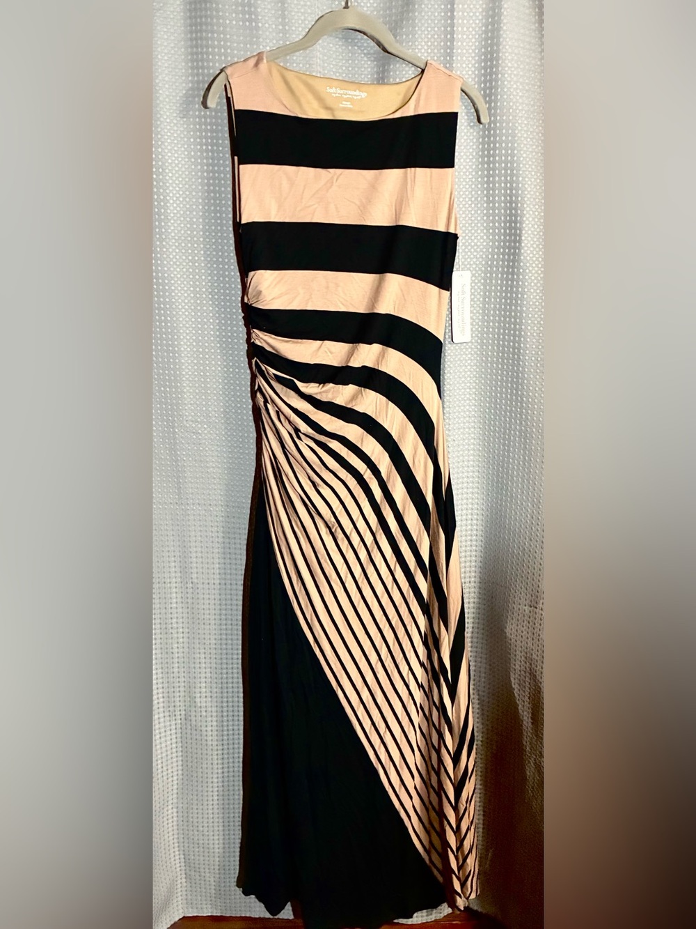 Soft Surroundings XS Black & Brown Striped Maxi Dress Jersey Knit Ruched